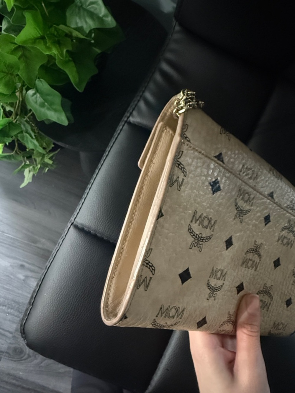 MCM Beige Monogram Chain Crossbody Bag with Gold Hardware - Picture 3 of 9